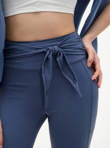 Eassivo Eassivo Women's Blue Twist Hollow Lace-Up Sports Leggings With Waist Tie - Dusty Blue - View 6