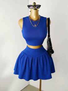 Mistrie 2pcs Women's Casual Solid Color Tank Top & Pleated Mini Skirt Set, Summer - Royal Blue - View 4
