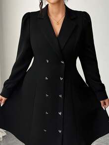 Elenzga 大码女式优雅长袖双排扣西装领连衣裙 - 黑色 - 查看 7