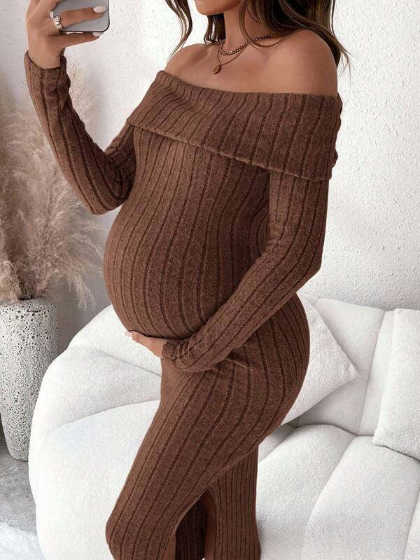 SHEIN Maternity Solid Color Ribbed Off Shoulder Long Sleeve Fitted Side Slit Hem Elegant Dress Brown Maternity Dress Off The Shoulder Maternity Dress Ribbed Maternity Dress Knit Maternity Dress Brown Knit Maternity Dress