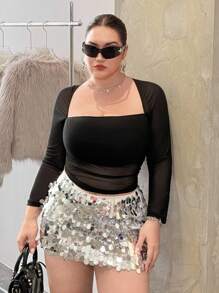 SHEIN EZwear Áo thun bó ngực lưới đen cỡ lớn dành cho nữ - màu đen - Xem 5