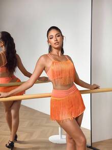 Menodora SHEIN Sport Latin Dance Costume Fringe Two Piece Set Ladies Orange Color Dance Wear - Coral Orange - View 4