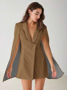 Enchnt Women's Fashionable Elegant Elegant Solid Color Shawl Neck Cape Sleeve Blazer Dress In Fall/Winter - Brown - View 11