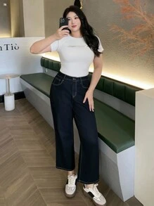 DAZY 大码女式深蓝色水洗弹力修身直筒九分牛仔裤，四季皆宜的百搭休闲裤 - 深色水洗藍 - 查看 5