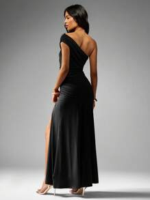 MISSGUIDED Evening Formal One Shoulder Floor Length Maxi Dress With Ruched Detailing High Slit Party Wedding Guest Bridesmaids Gown Mermaid Silhouette - Black - View 2