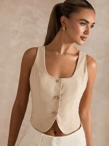 SHEIN BAE Autumn Women's Sexy Backless Vest Jacket Top, Suitable For Summer Wear, Sexy Vest, Backless Vest, Streetwear Vest, Office Wear.,Fall,Valentine's Day,Valentine Outfits For Women - Khaki - View 2
