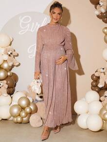 Loomaby 孕妇荷叶边领喇叭袖褶皱亮面连衣裙