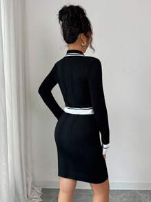 Elenzga 女式休闲领口抽绳腰部拼色毛衣裙，学院风，适合返校、圣诞节、新年、感恩节礼物 - 黑色 - 查看 2