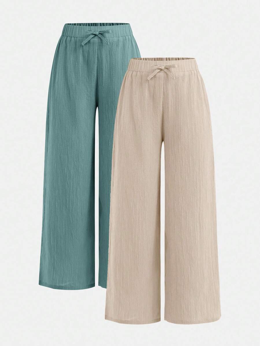 SHEIN Girlism Bộ 2 quần ống rộng rộng rãi, dệt họa tiết nơ cho bé gái tuổi teen, màu đen + kaki, phong cách thoải mái cho ngày lễ, mùa tựu trường - Màu xanh Cadet - Xem 1