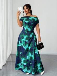 Elenzga 加大码印花性感不对称领口褶饰腰部优雅连衣裙