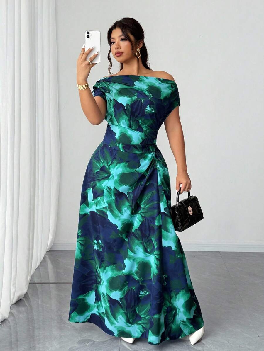 Elenzga 加大码印花性感不对称领口褶饰腰部优雅连衣裙