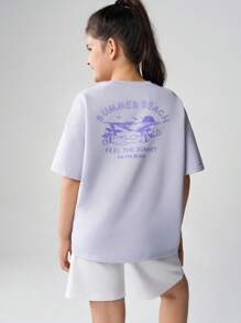 JNSQ Back To School Casual Street Style Graphic Print Sweatshirts & T-Shirts For Tween Girls And Boys, Loose Fit, Japanese Inspired, Suitable For Early Autumn Daily Wear, Outdoor Activities, Vacation, Street Style, Party And Leisure - Purple - View 3