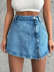 EURMUSE 100%Cotton Rigid, Slit Detailed Skort Fit - Medium Wash - View 7