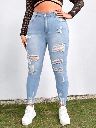 SHEIN Plus Size Women Elastic Skinny Jeans With Pockets & Distressed Design, Casual