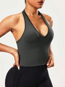 SHEIN Sports Solid Color Halter Neck Fitted Backless Summer Sporty Tank Top - Dark Grey - View 4