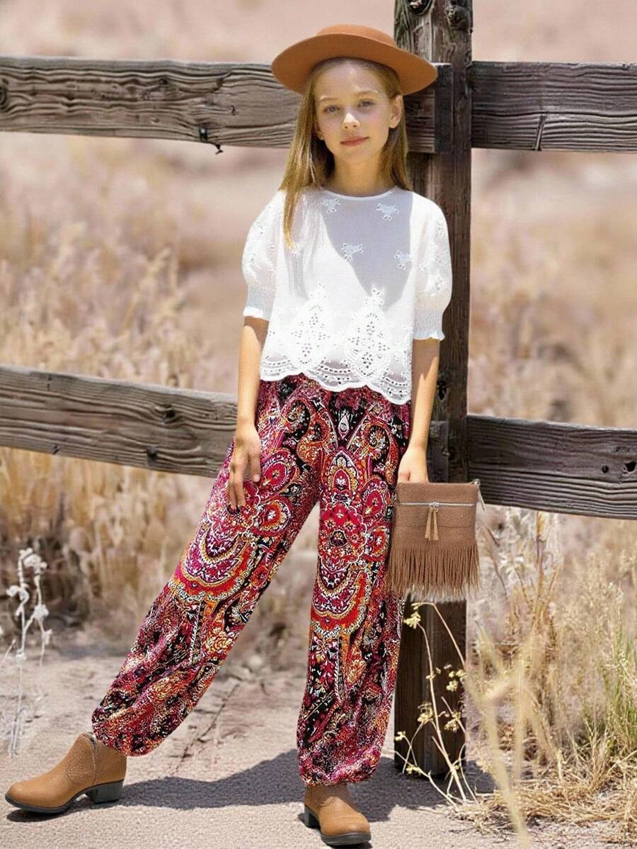 Tween Girls' Bohemian Print Wide Leg Pants For Vacation - Multicolor - View 1