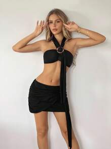 SHEIN ICON 黑色交叉吊带短款上衣和迷你裙套装 - 黑色 - 查看 1