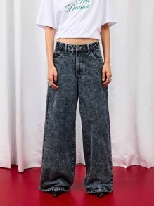 COUREZ 低腰超宽松水洗牛仔裤，后袋饰有蝴蝶结 / Y2K 低腰牛仔裤 秋季女装 秋季外出穿搭 低腰牛仔裤 - 藍色 - 查看 5