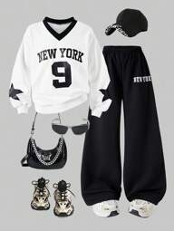 SHEIN ChillGRL 2pcs/Set Tween Girls Streetwear Comfortable V-Neck Numeric Print Long Sleeve Sweatshirt And Loose Letter Print Wide Leg Pants Sweatsuit, Suitable For Sports & Casual Wear Fall Winter