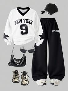 SHEIN ChillGRL 两件套少女街头风舒适V领数字印花长袖卫衣搭配宽松字母印花阔腿裤运动套装，适合秋冬季运动休闲穿着。