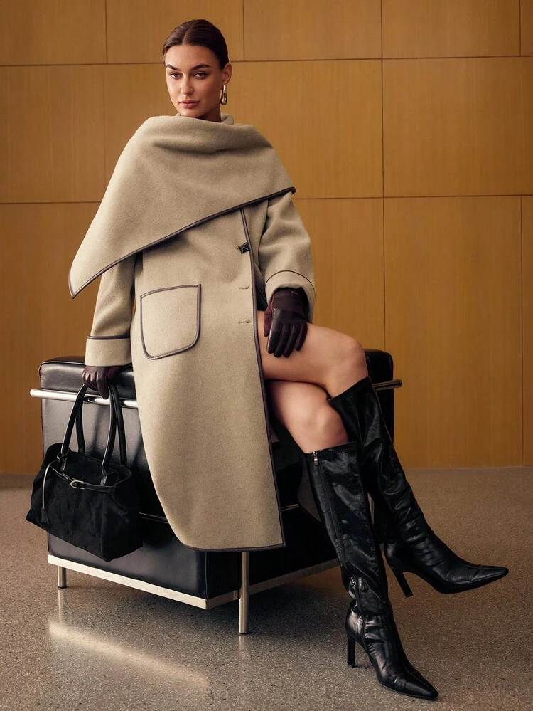 FASHIONABLE RETRO CONTRAST TRIM OVERCOAT