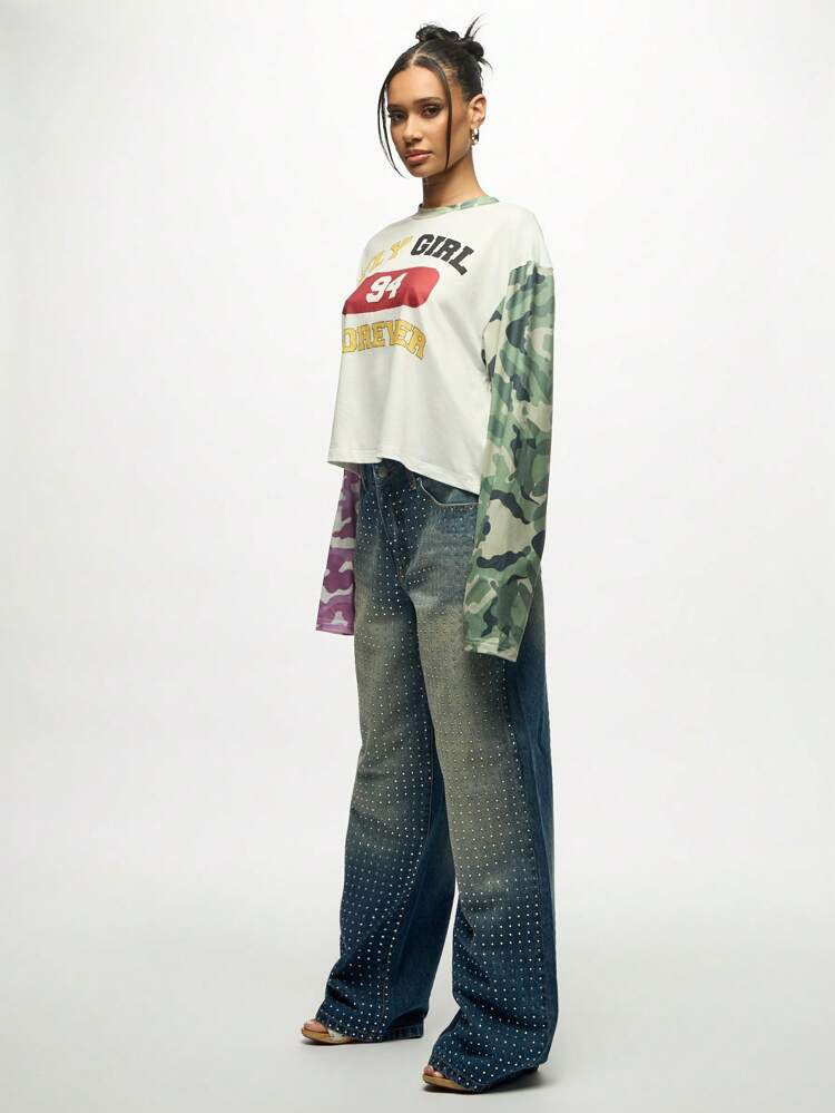 SUMWON WOMEN Crystal Studded Wide Leg Denim Jeans With Gradient Wash