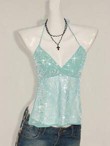 SHEIN ICON Women's Y2K Sexy Sequin Mesh Backless Halter Crop Top Light Blue Sequined Tank Top - Blue - View 5