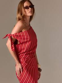 AiiRZ 斜条纹中长连衣裙露肩系带袖褶饰夏季假日海滩度假日聚会紧身连衣裙惊艳腰部细节 - 彩色 - 查看 4