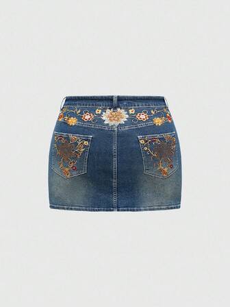 Fairycore توب قصير بطراز Y2K الرجعي مطرز بالصليب والأجنحة مع جيوب، تنورة جينز ضيقة صغيرة الحجم مقاس كبير