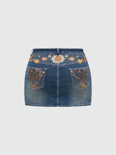 Fairycore Top corto vintage Y2K con ricamo a croce e ali, con tasche, Minigonna in denim aderente di taglia grande