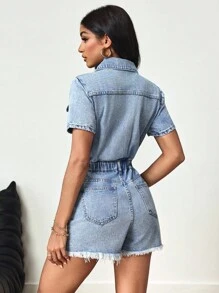 SHEIN Tall 修身破洞毛边水洗牛仔连体短裤