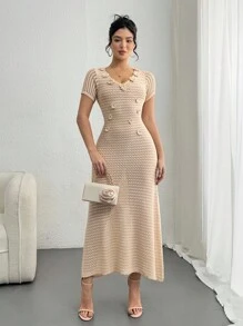 DAZY 3D Floral V-Neck Hollow Out Short Sleeve Dress, Unique Design Women Coverup - Khaki - View 1