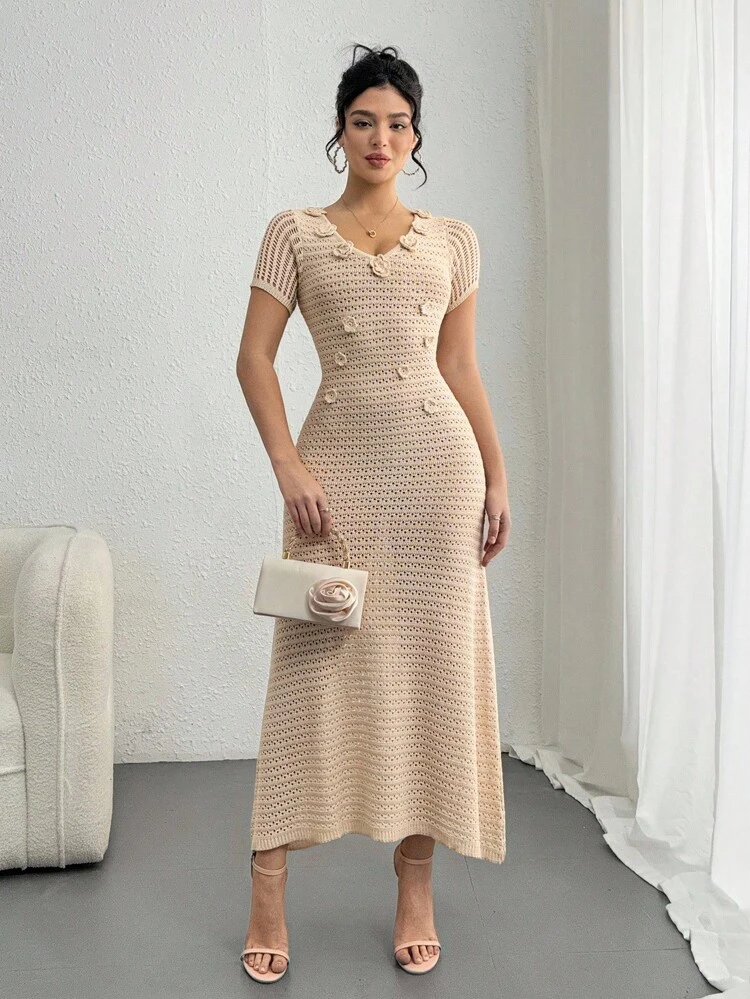 3D Floral V-Neck Hollow Out Short Sleeve Dress, Unique Design Women Coverup Maxi Dress