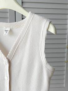 SHEIN Tween Girl Casual Solid Color Ribbed Knit Top White Top For Girls Ribbed Top Girls Ribbed Cardigan White Ribbed Top White Ribbed Tank Top Tween Top Ribbed Tween Summer Tops Girls White Ribbed Top - Beige - View 5