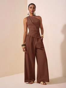 Zivah 2025夏季新款音乐节复活节母亲节婚礼生日派对日常出游基础百搭休闲网红爆款优雅通勤商务休闲一字肩百褶收腰不对称下摆女上衣直筒裤卡其色女两件套 - 棕色 - 查看 3