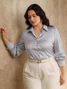 Anewsta Plus Size Women's Solid Color Rhinestone Embellished Collar Commuter Shirt - Blue - View 5
