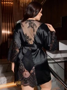 SilkySpell Plus Size Hollow Sexy Lace Backless Jacket, High-End Satin Comfortable Extremely Alluring Women Robe - Black - View 6