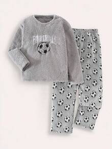 Genkimix Kids Oversized Boys' Sleepwear Set, Comfortable Loose Fit With Plush Fabric, Round Neck Shirt With Large Soccer Embroidery, Plush Pants With All-Over Soccer Pattern, Casual Homewear Pajama Set Boys Football Pajamas Boys Soccer Lounge Set Boys 2 Piece Pajama Set Boys Fleece Pajamas Boys Sleepwear Set 8Y-12Y Fall Winter - Grey - View 3