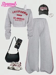 SHEIN Explorewe Conjunto de 2 piezas de sudadera con estampado de letras y correa para el hombro + pantalones deportivos casuales cómodos de contraste a rayas para adolescentes y niñas, versátil para uso diario en las 4 estaciones