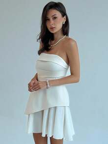 Aloruh New Minimalist Fashion Commuter Sleeveless Pleated Design 2 In 1 Mini Slim A-Line Dress - Apricot - View 2