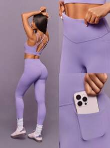 GLOWMODE 24" FeatherFit™ Soft Slay Sweat-Wicking Stretchy No Front Seam Ultra High-Rise Waist Leggings With Side Pockets Low-Impact Yoga Pilates Barre Studio Daily Casual Wear  Spring Summer - Lilac Purple - View 7