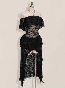 SHEIN ICON Plus Size Off Shoulder Ruffle Lace Tiered Short Front Long Back Dress, Boho, Vacation - Black - View 6