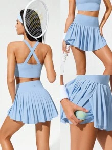 GLOWMODE Ace Flex 收腹百褶网球裙，内置短裤侧袋，适合网球高尔夫日常春夏穿着 - 淺藍色 - 查看 9
