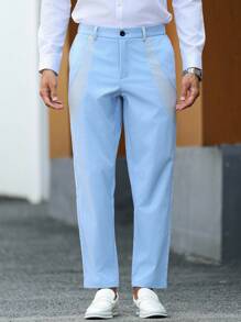 Manfinity Bizformal 男士休闲百搭纯色锥形西装裤 - 藍色 - 查看 5