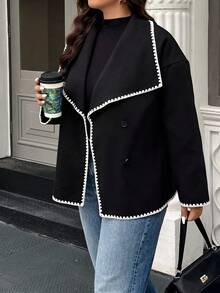 Calvaya Plus Size Autumn/Winter Fashion Color Block Trim Overcoat Fall Cloth For Women - Black - View 3