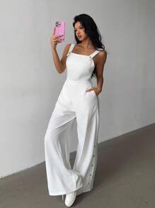 INAWLY Plus Size Women Loose Solid Color Casual Wide Leg Jumpsuit With Pockets - White - View 5