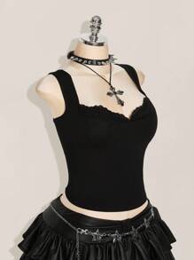 SHEIN ICON ICON 大码纯色女士休闲无袖上衣，适合夏季穿着，哥特风蕾丝边饰朋克风黑色上衣，锐舞风上衣 - 黑色 - 查看 4