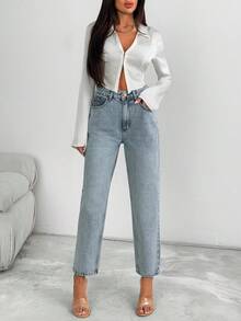 EURMUSE Quần jean Mom Fit cạp cao đính đá sáng màu chi tiết - Rửa nhẹ - Xem 7