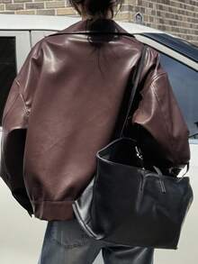 DAZY Lapel Zipper Loose Casual Boyfriend Style Motorcycle Leather Jacket Women Coats - Brown - View 2