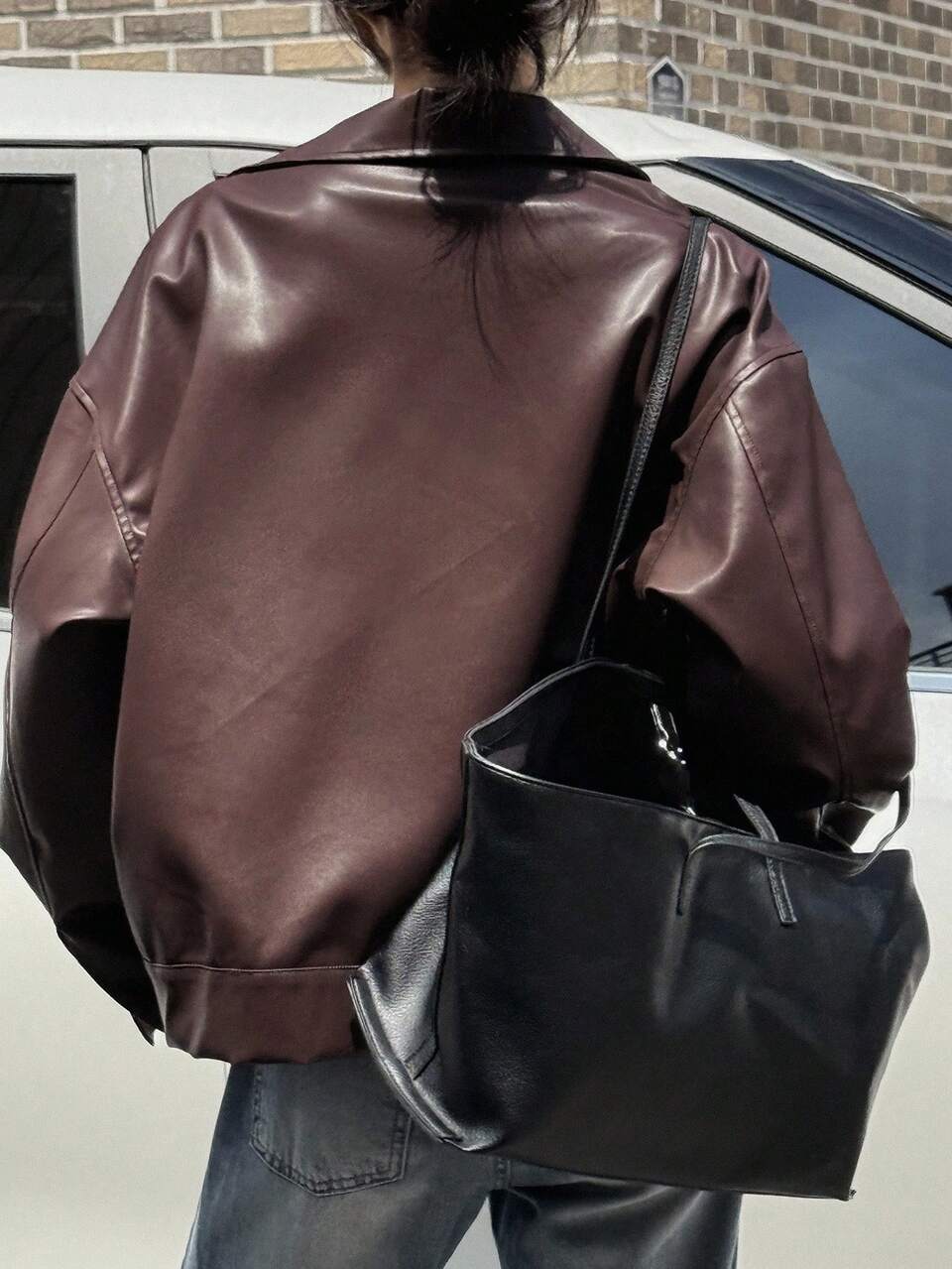 Lapel Zipper Loose Casual Boyfriend Style Motorcycle Leather Jacket Women Coats